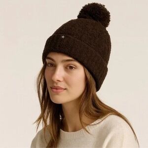 Barefoot Dreams NWT Dark Brown Knit CozyChic Cable Pom-Pom Beanie